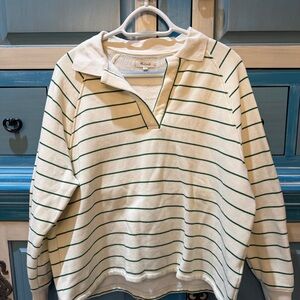 Madewell Cream and Black Striped Polo Sweatshirt